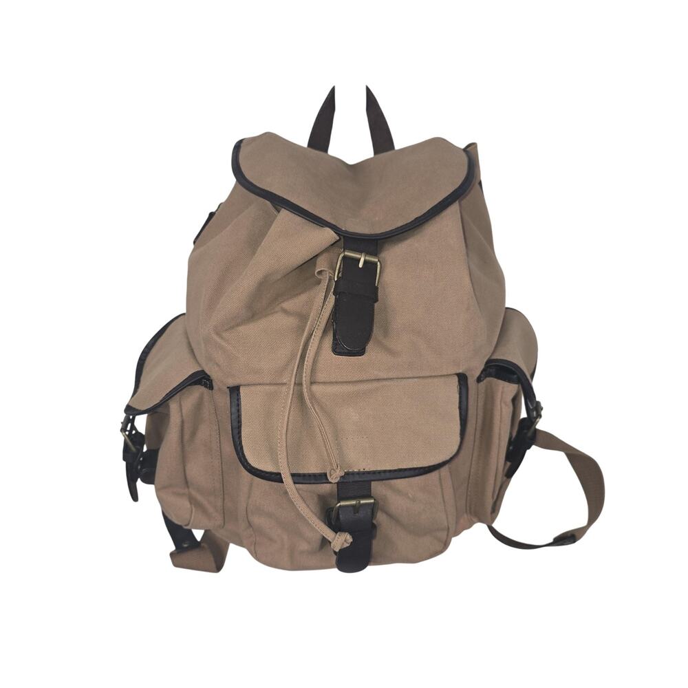 VTG Y2K GAP Backpack Bag Medium Beige Canvas Leather Buckle Flap Drawstring Boho